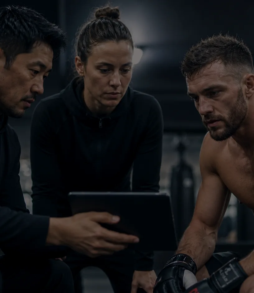 A corner team — head coach, S&C coach, and fighter — gathered around a tablet reviewing performance data